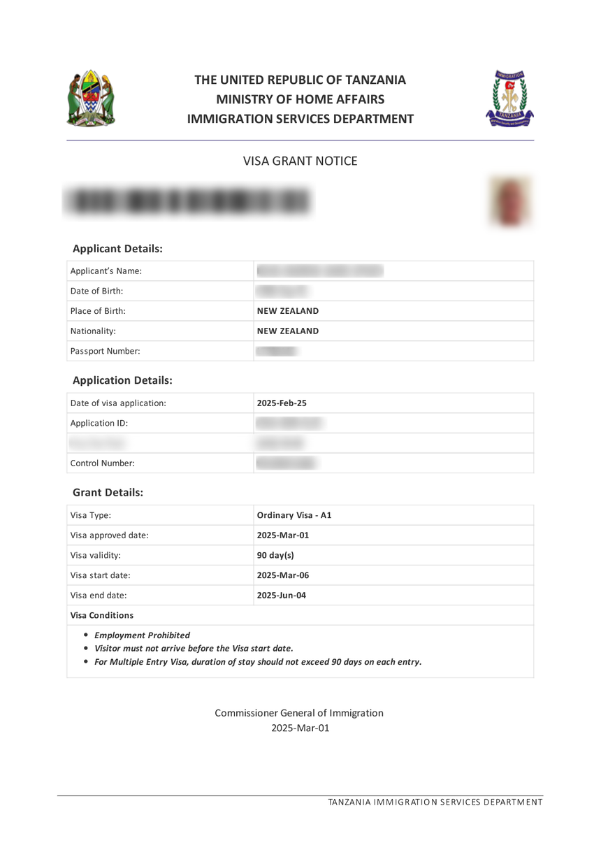 Tansania eVisa Muster – elektronisches Visum